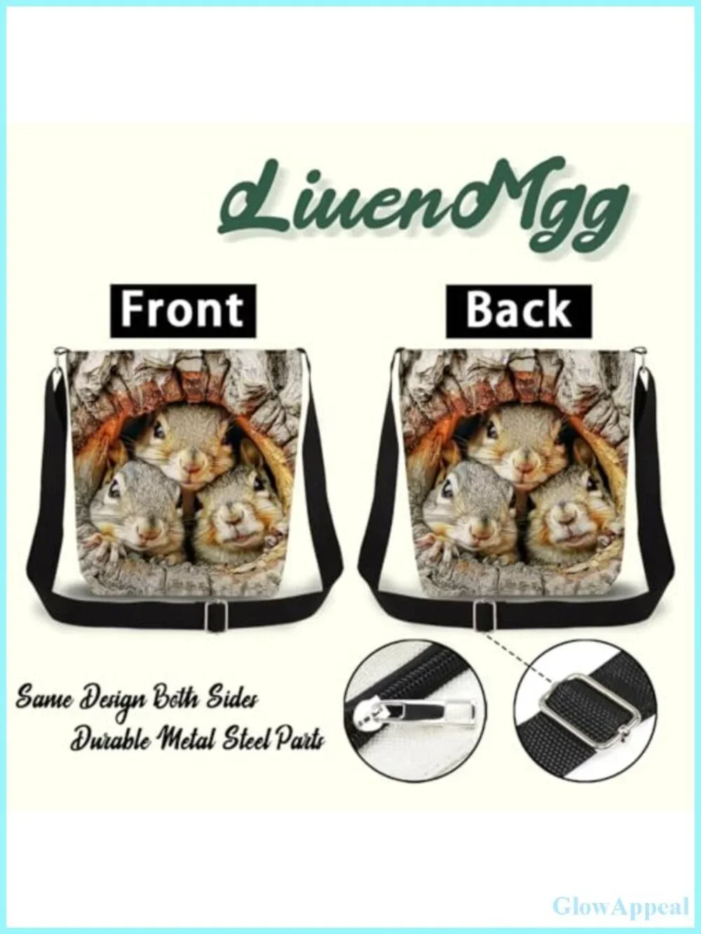 Polyester Messenger Crossbody Bag Squirrel Print Adjustable Strap